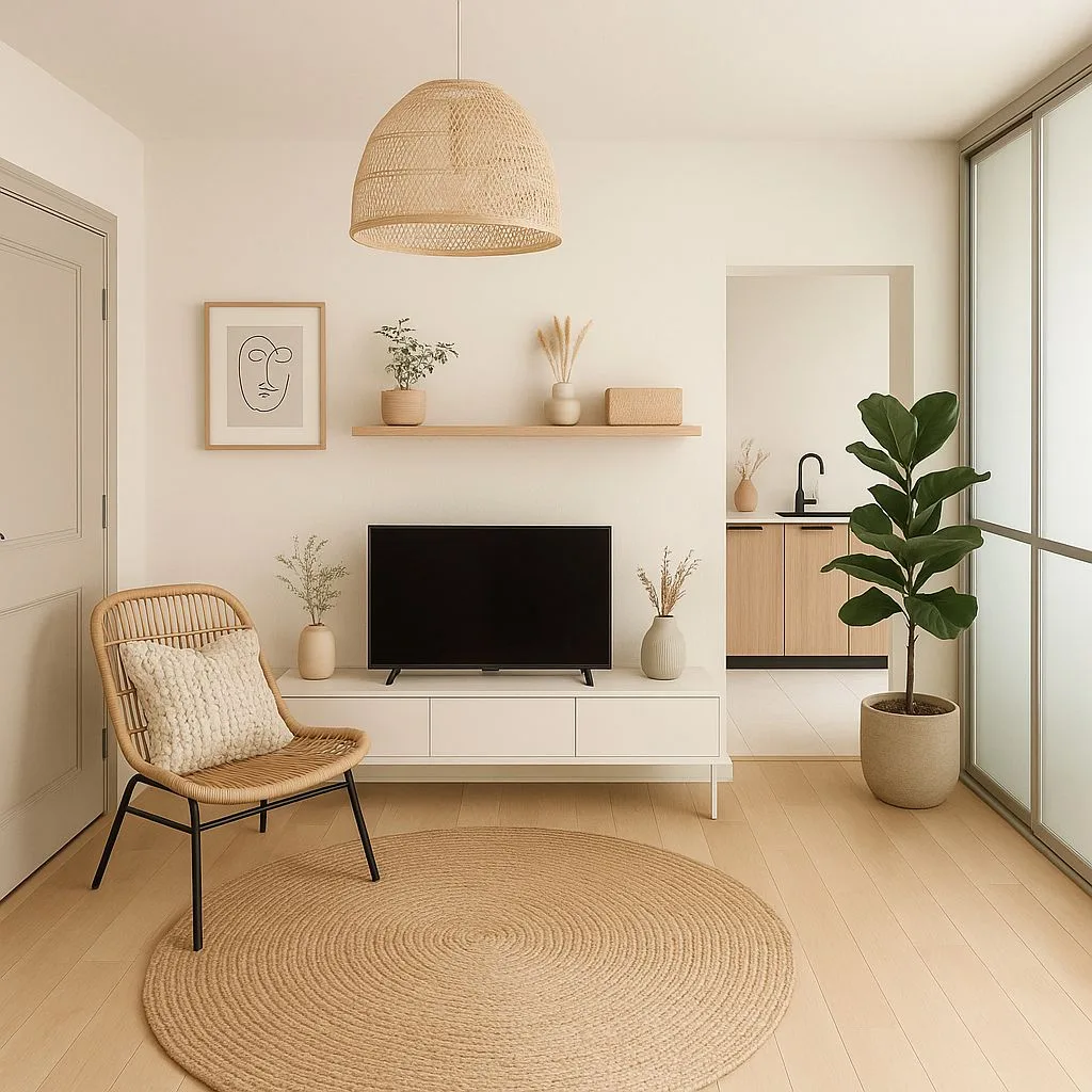 Neutral Scandinavian living room with light wood floors, white media console, rattan chair, jute rug, woven pendant light, minimalist art, photorealistic interior design photography, 8k