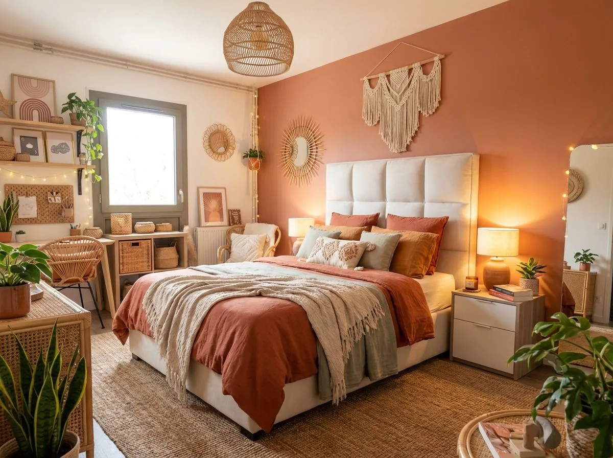Bohemian bedroom with terracotta accent wall, rattan pendant, jute rug, white linen headboard, layered bedding with earth-toned pillows, photorealistic interior design photography, 8k