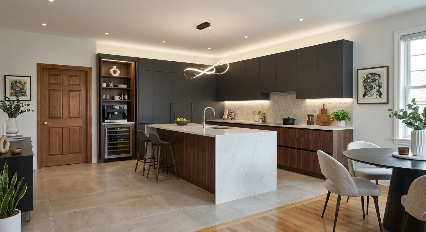 Modern open concept kitchen with dark grey cabinets, white quartz countertops, wood island, statement pendant, built-in wine fridge, photorealistic interior design photography, 8k