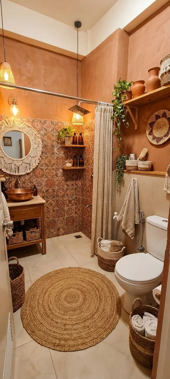 Bohemian bathroom with terracotta walls, patterned tile shower, copper sink, jute rug, woven pendant lighting, photorealistic interior design photography, 8k