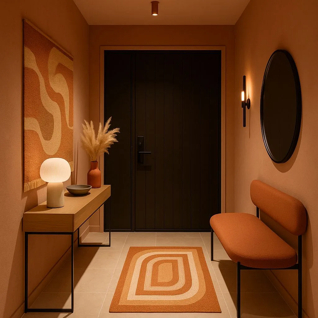 Mid-century modern hallway with terracotta walls, black door, wood console table, orange wool bench, black sconce, photorealistic interior design photography, 8k