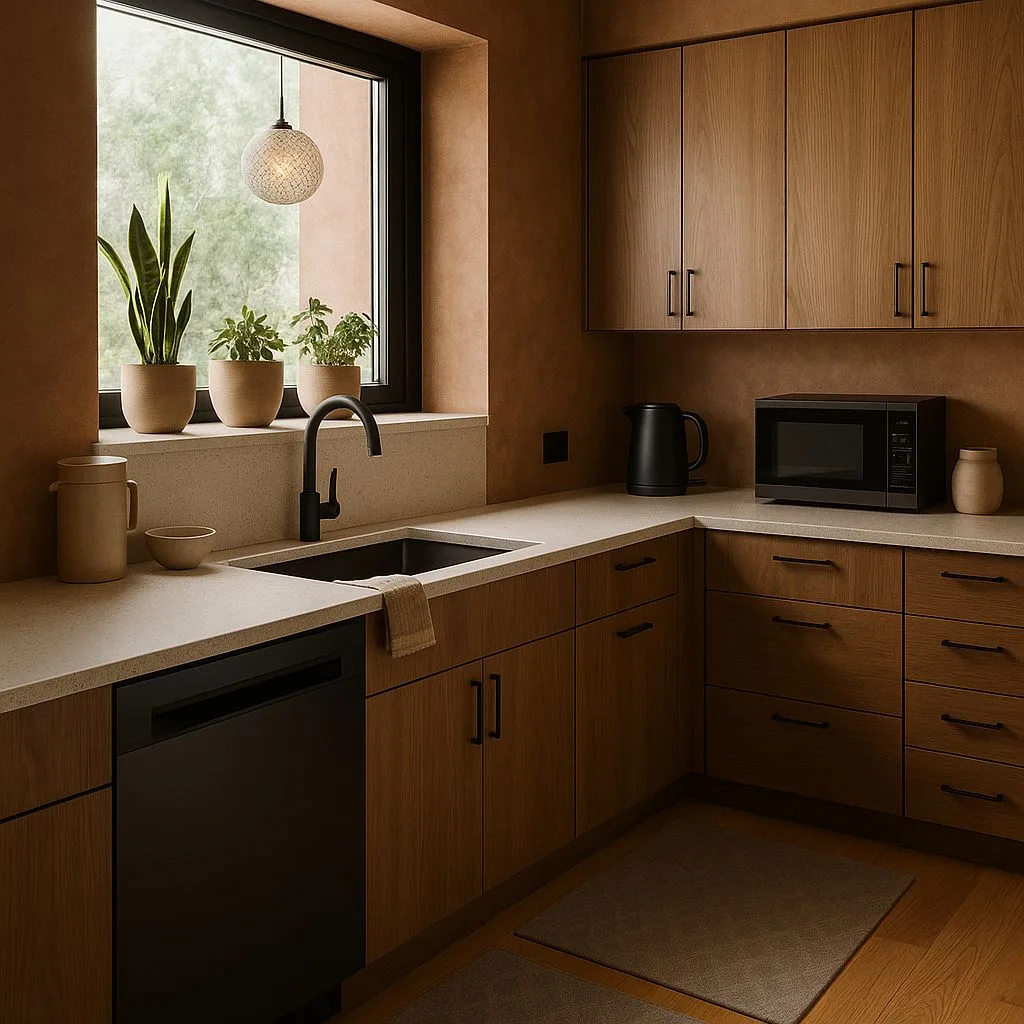 Modern minimalist kitchen with light wood cabinets, matte black hardware, light countertops, potted plants, terracotta walls, photorealistic interior design photography, 8k