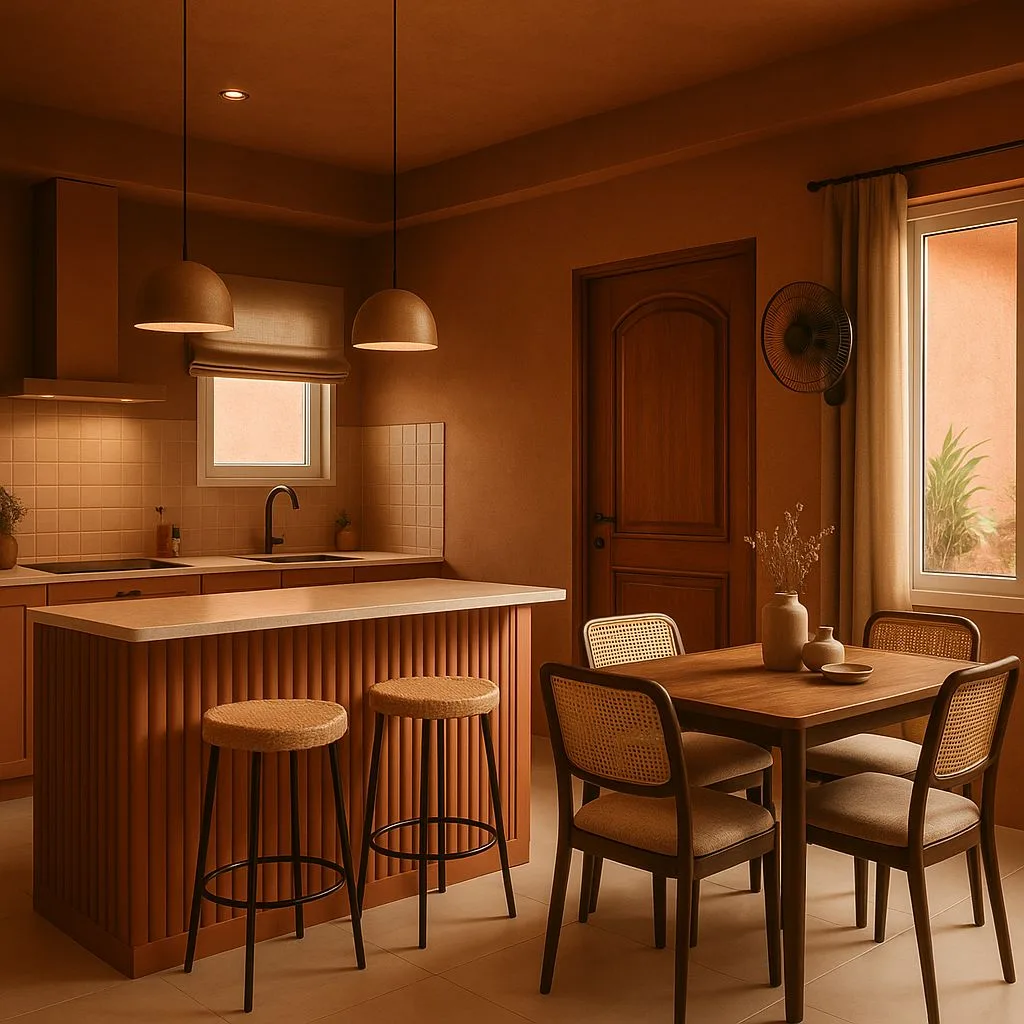 Warm terracotta kitchen with fluted island, rattan bar stools, wood dining table, square tile backsplash, dome pendants, photorealistic interior design photography, 8k