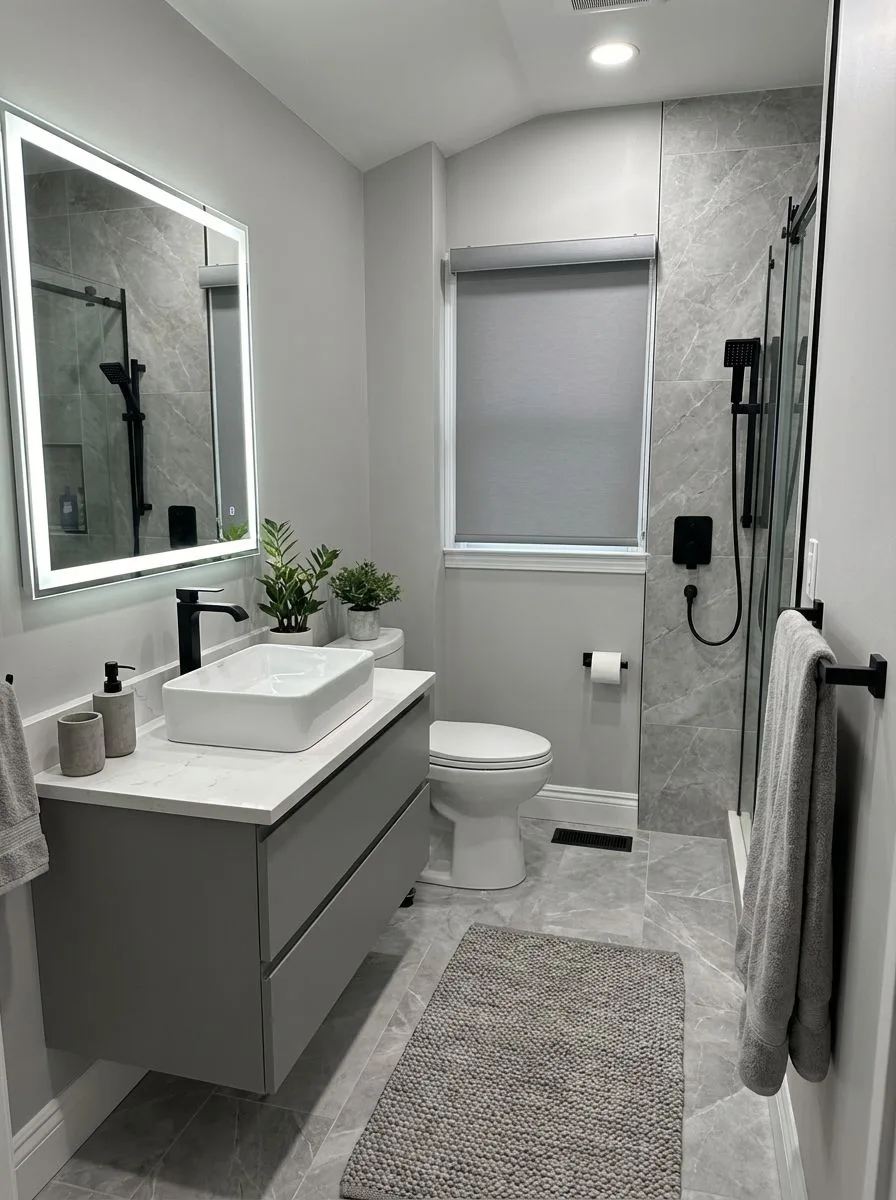 Modern gray bathroom with floating vanity, white quartz countertop, rectangular vessel sink, black fixtures, marble look porcelain tile, photorealistic interior design photography, 8k