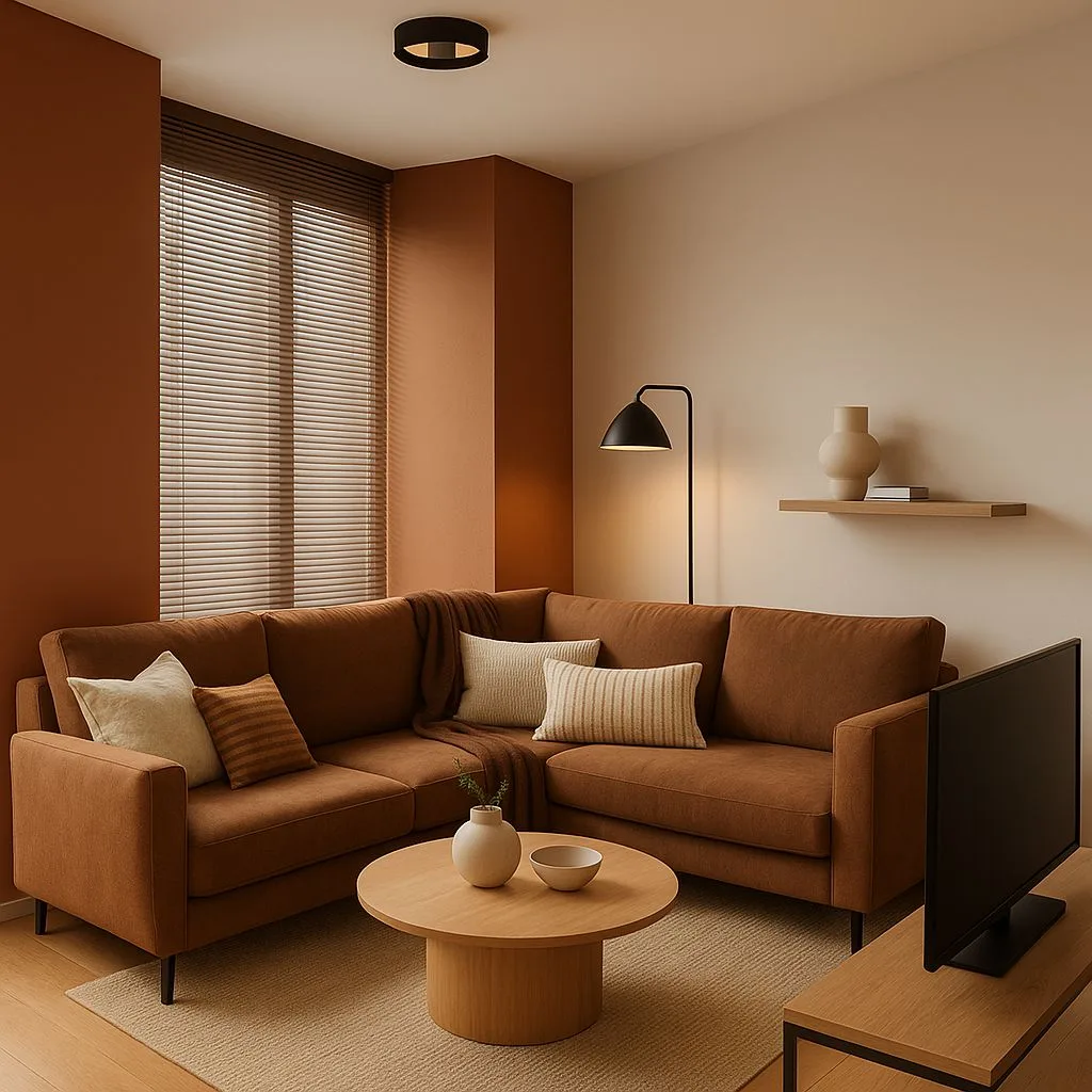 Warm modern living room with terracotta accent wall, brown corduroy sectional, light wood coffee table, beige rug, black floor lamp, photorealistic interior design photography, 8k
