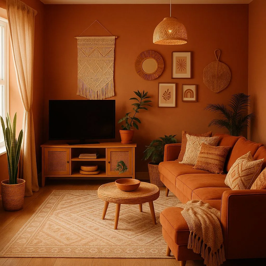 Bohemian living room with terracotta walls, orange sofa, rattan coffee table, woven pendant light, macrame wall hanging, photorealistic interior design photography, 8k