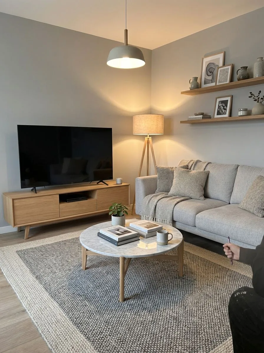 Modern Scandinavian living room with light grey walls, oak media console, marble coffee table, textured rug, tripod floor lamp, photorealistic interior design photography, 8k