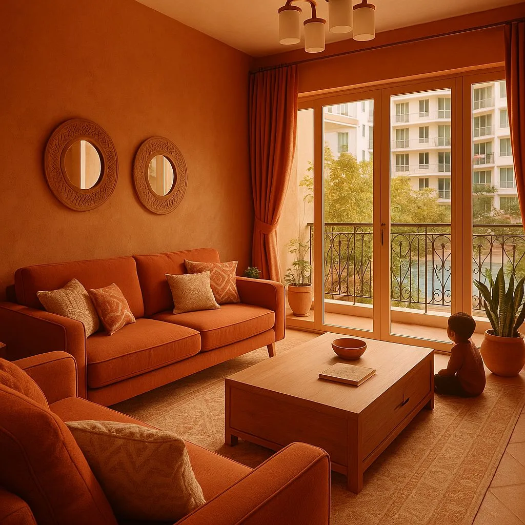 Transitional living room with terracotta walls, matching sofa, wood coffee table, round carved mirrors, sheer curtains, photorealistic interior design photography, 8k