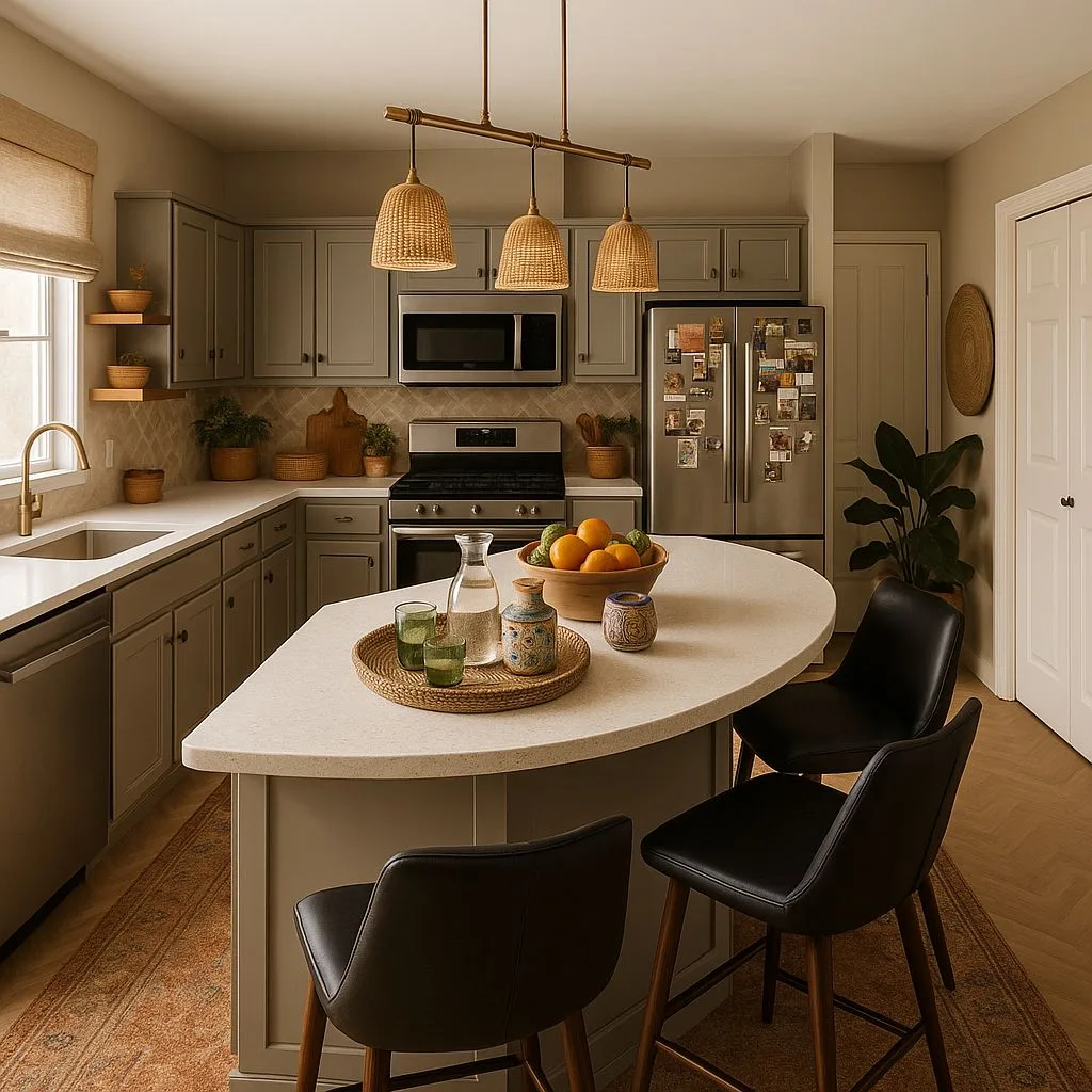 Transitional kitchen with shaker cabinets, quartz countertops, woven pendants, black leather stools, vintage runner rug, photorealistic interior design photography, 8k