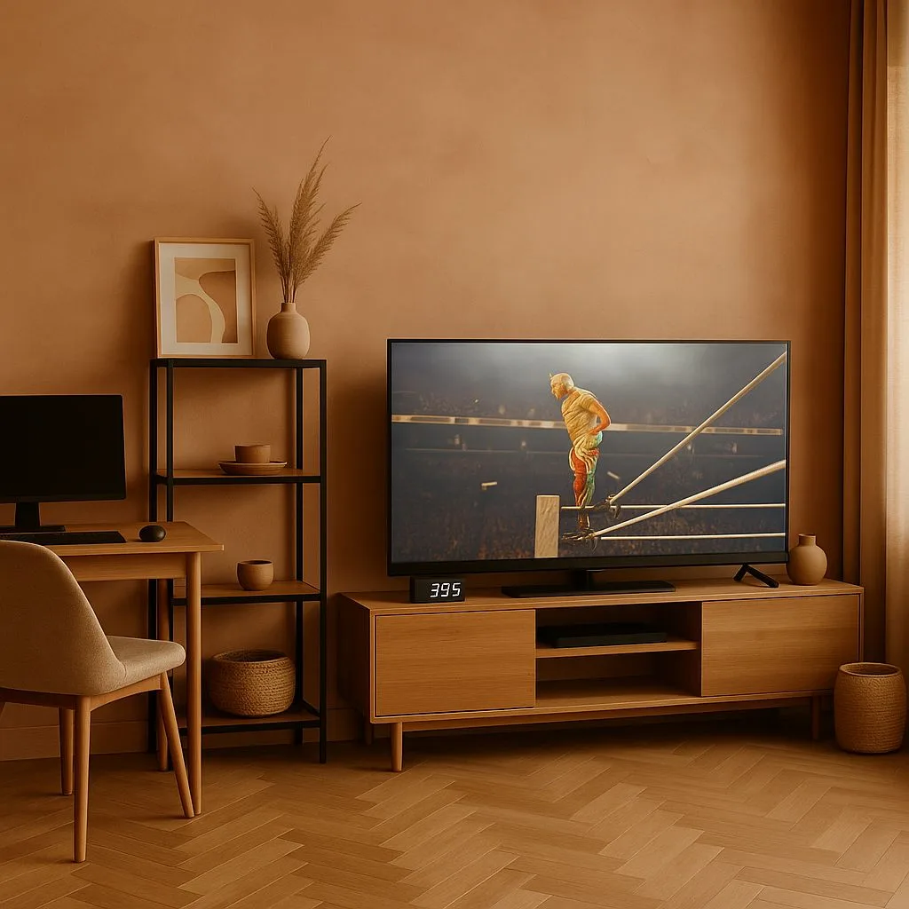 Minimalist living room with terracotta walls, herringbone wood floors, light oak media console, black metal shelving, linen desk chair, photorealistic interior design photography, 8k