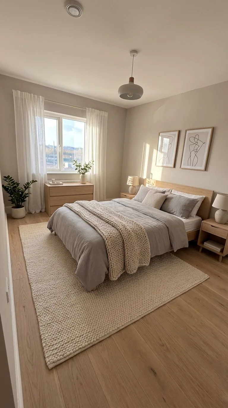 Neutral Scandinavian bedroom with light wood floors, platform bed with grey linen bedding, chunky knit throw, sheer white curtains, minimalist art, photorealistic interior design photography, 8k