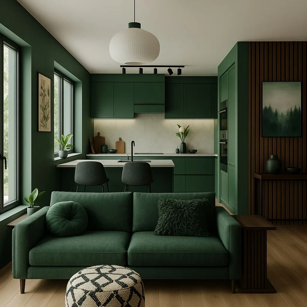 Modern forest green living room with wood panel wall, linen sofa, white countertops, light wood floors, globe pendant, photorealistic interior design photography, 8k