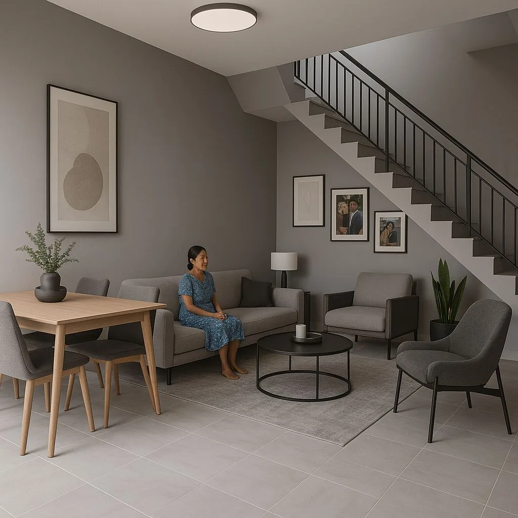 Contemporary warm grey living room with light wood dining table, gray fabric sofa, black metal staircase railing, round coffee table, minimalist decor, photorealistic interior design photography, 8k