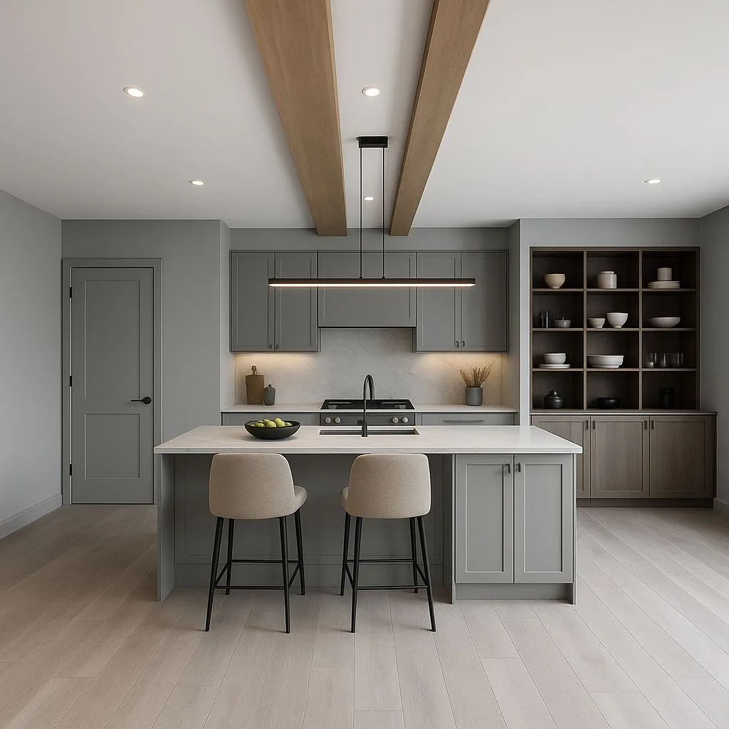 Transitional kitchen with gray shaker cabinets, quartz countertops, light wood floors, wood beam ceiling, linear pendant light, photorealistic interior design photography, 8k