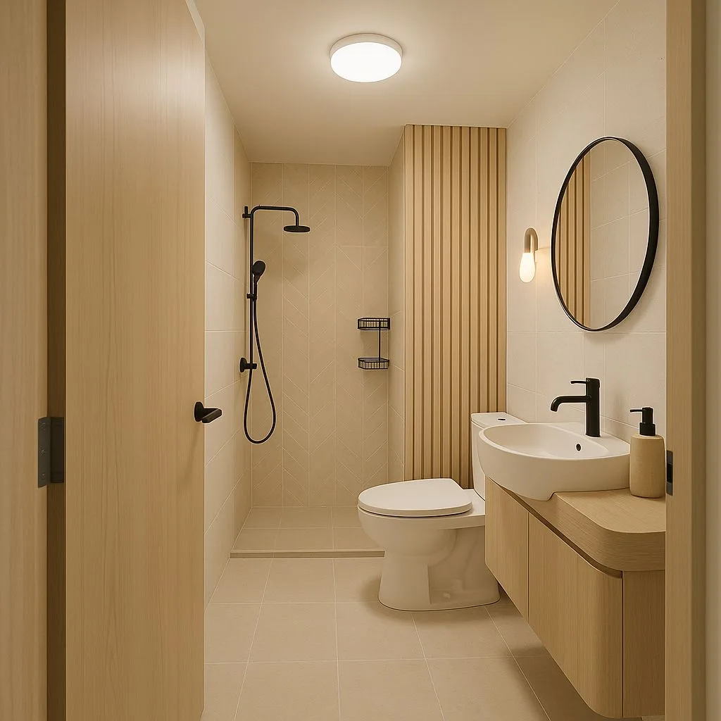 Modern minimalist bathroom with light wood vanity, round black mirror, beige herringbone tile, vertical wood panel, black fixtures, photorealistic interior design photography, 8k