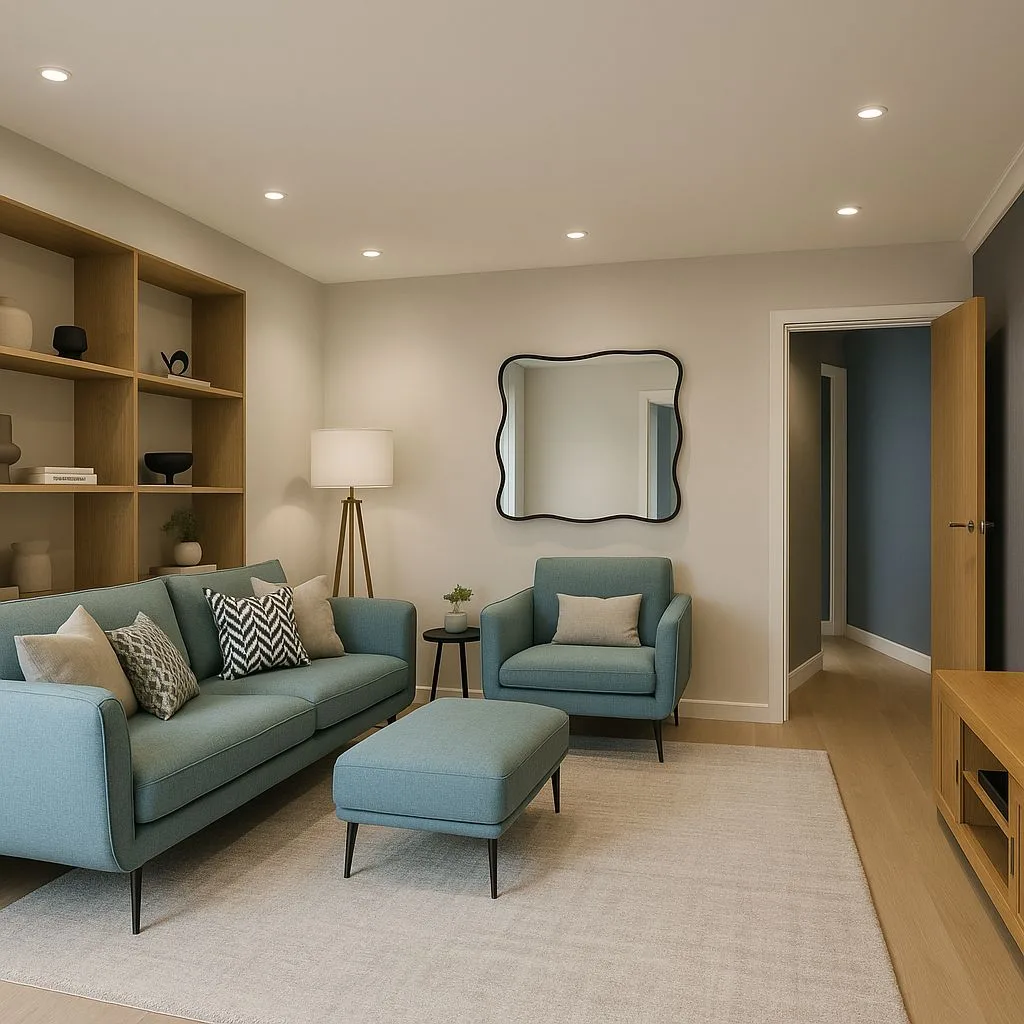 Modern living room with light grey walls, light blue sofa, light blue armchair, black accent table, wood shelving, recessed lighting, photorealistic interior design photography, 8k