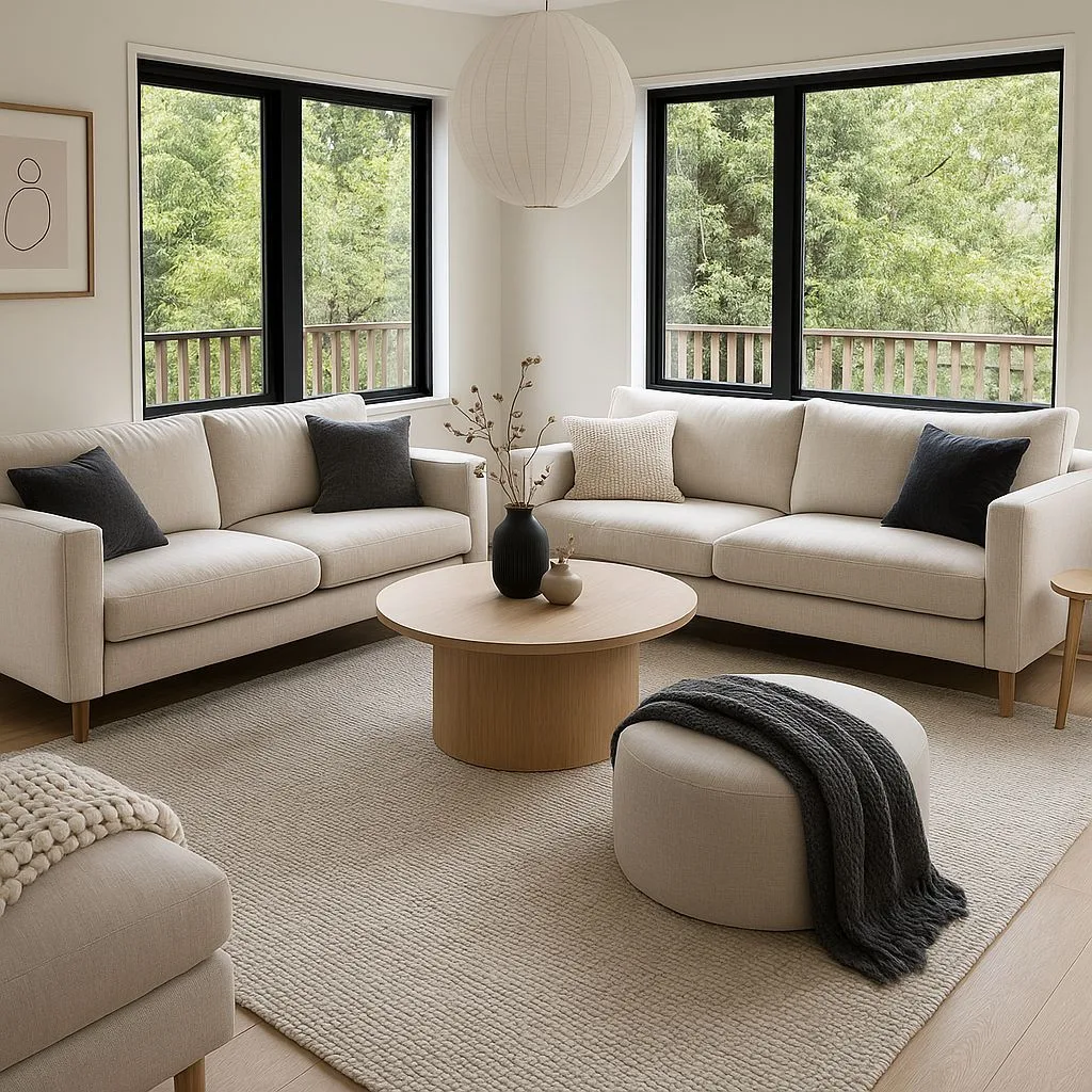 Bright Scandinavian living room with beige linen sofas, black throw pillows, round wood coffee table, paper lantern pendant, light wood floors, photorealistic interior design photography, 8k