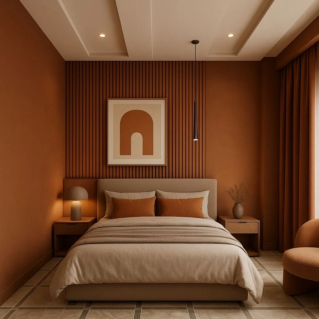 Modern terracotta bedroom with wood slat wall, beige linen bedding, brown accent pillows, black pendant light, travertine tile floor, photorealistic interior design photography, 8k