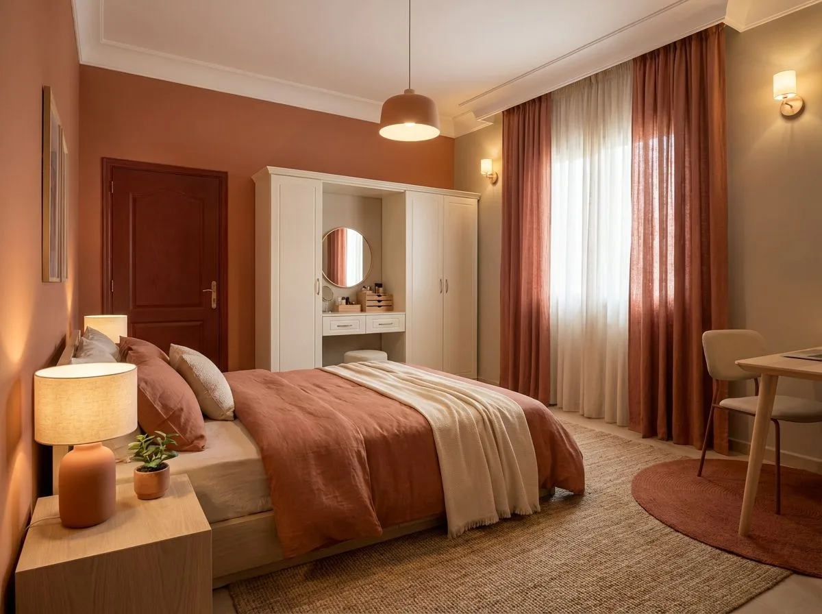 Transitional bedroom with terracotta walls, linen bedding, jute rug, off-white wardrobe, ambient sconces, pendant lighting, photorealistic interior design photography, 8k