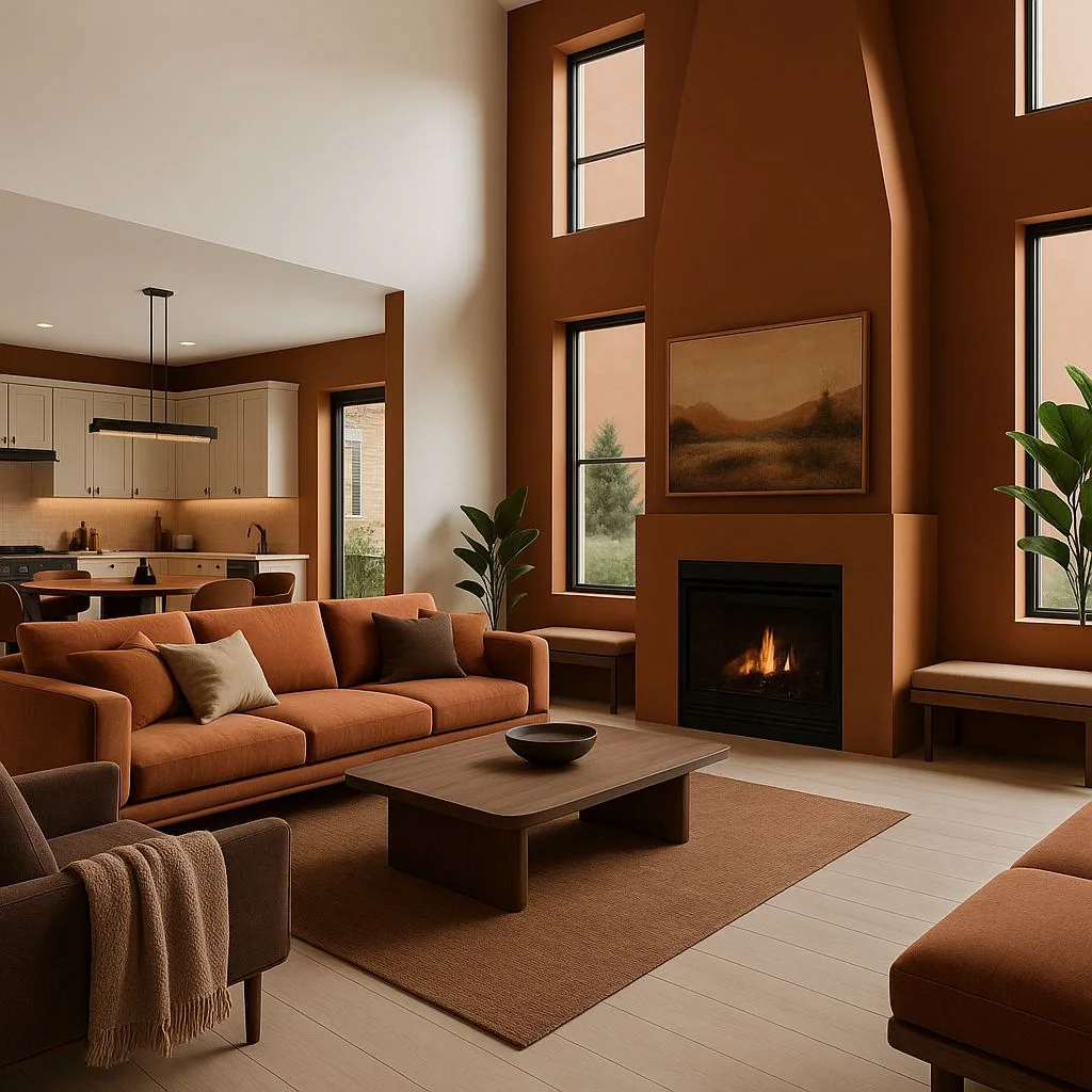 Warm modern living room with terracotta walls, black fireplace, light wood floors, brown area rug, and orange sofa, photorealistic interior design photography, 8k
