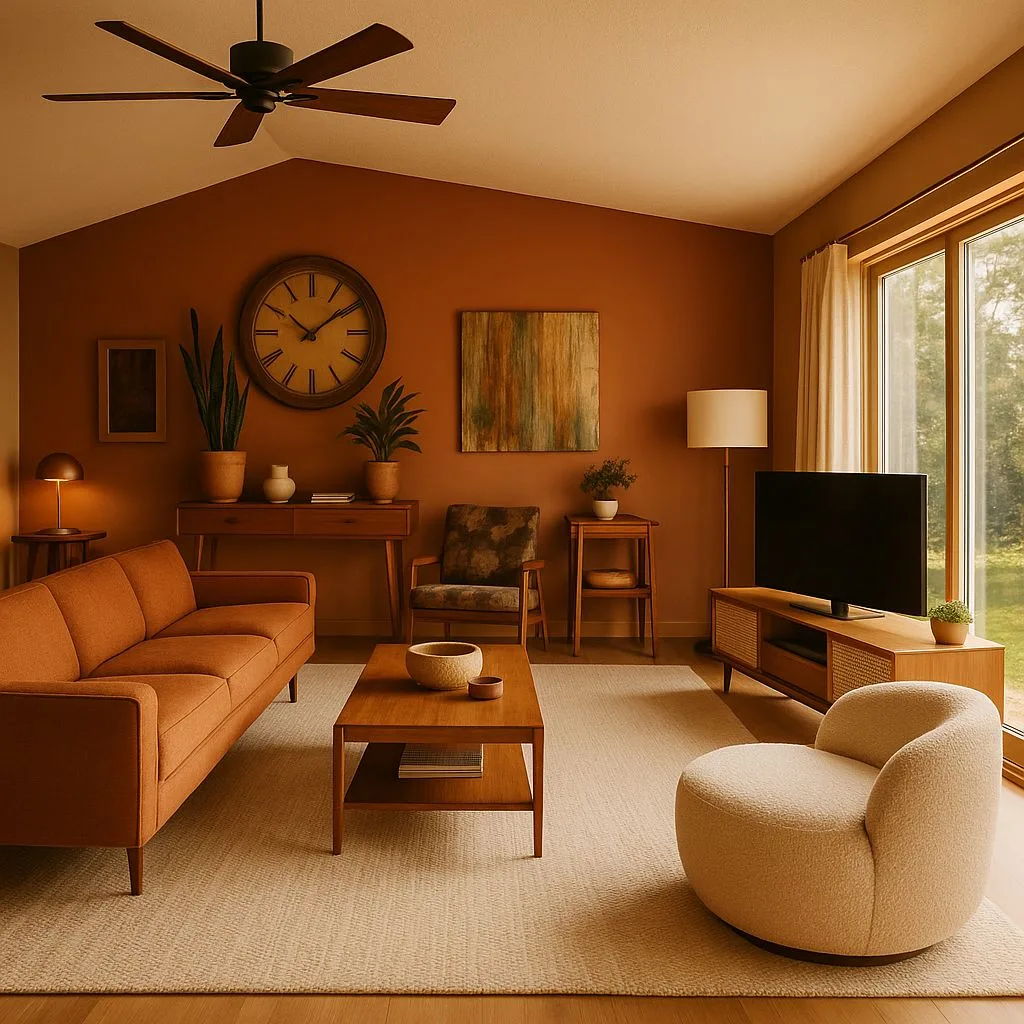 Mid-century modern living room with terracotta walls, wood console, linen sofa, patterned chair, beige rug, wood ceiling fan, photorealistic interior design photography, 8k