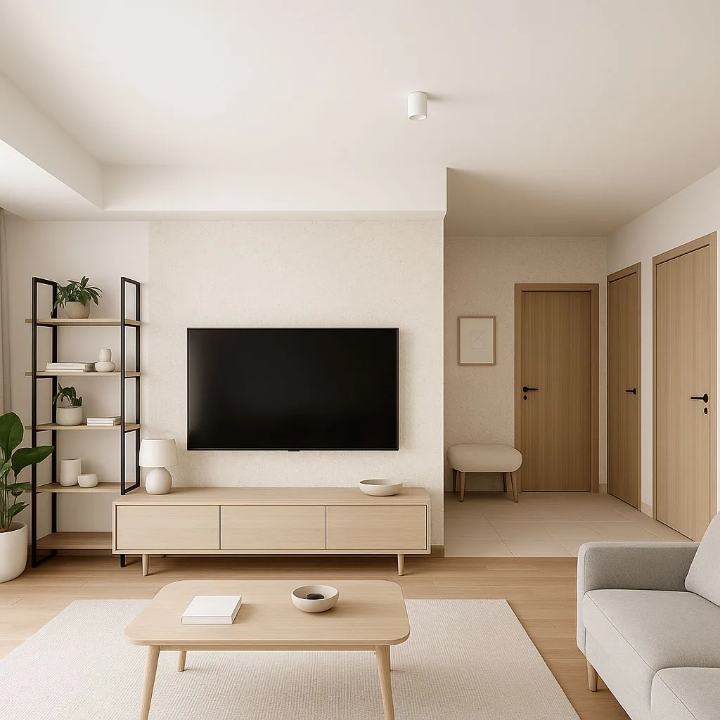 Minimalist living room with light oak media console, gray linen sofa, black metal shelving, white textured walls, recessed lighting, photorealistic interior design photography, 8k