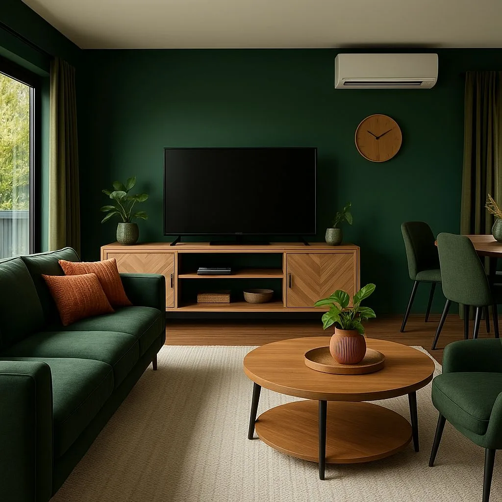 Modern living and dining room with dark green walls, light wood herringbone media console, round wood coffee table, green sofa, terracotta pillows, photorealistic interior design photography, 8k