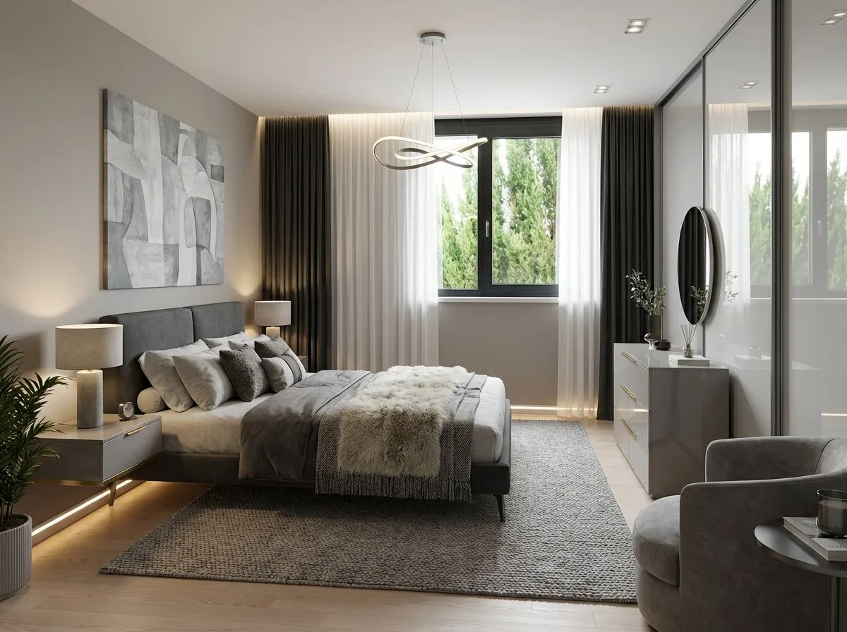 Modern minimalist bedroom with grey upholstered bed, light wood floors, abstract art, sheer curtains, sculptural pendant, photorealistic interior design photography, 8k