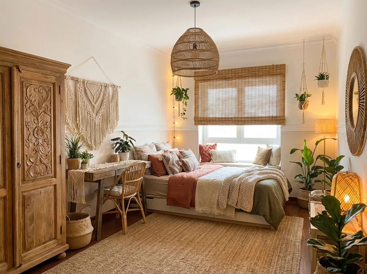 Bohemian bedroom with jute rug, rattan pendant, carved wood wardrobe, macrame wall hanging, woven blinds, terracotta pillows, photorealistic interior design photography, 8k