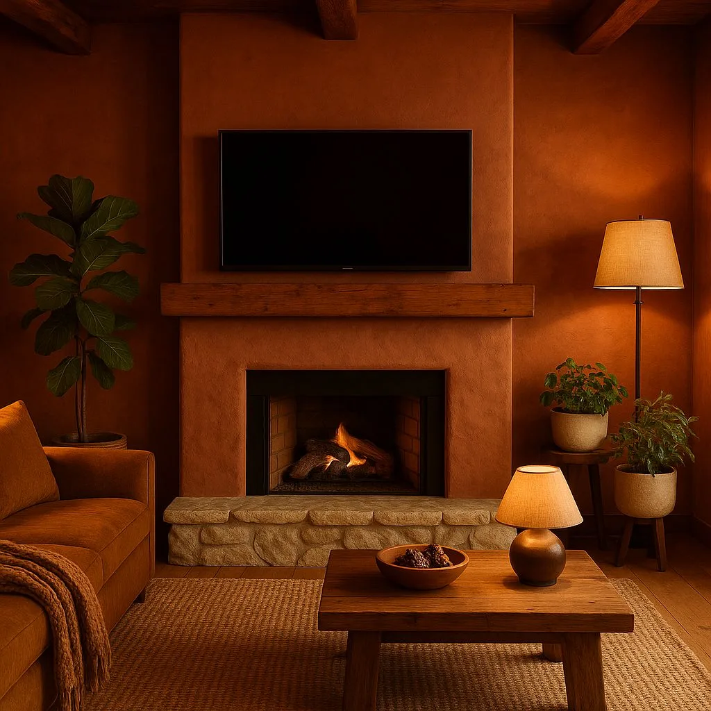 Rustic terracotta living room with stone fireplace, wood mantel, terracotta walls, brown sofa, jute rug, photorealistic interior design photography, 8k