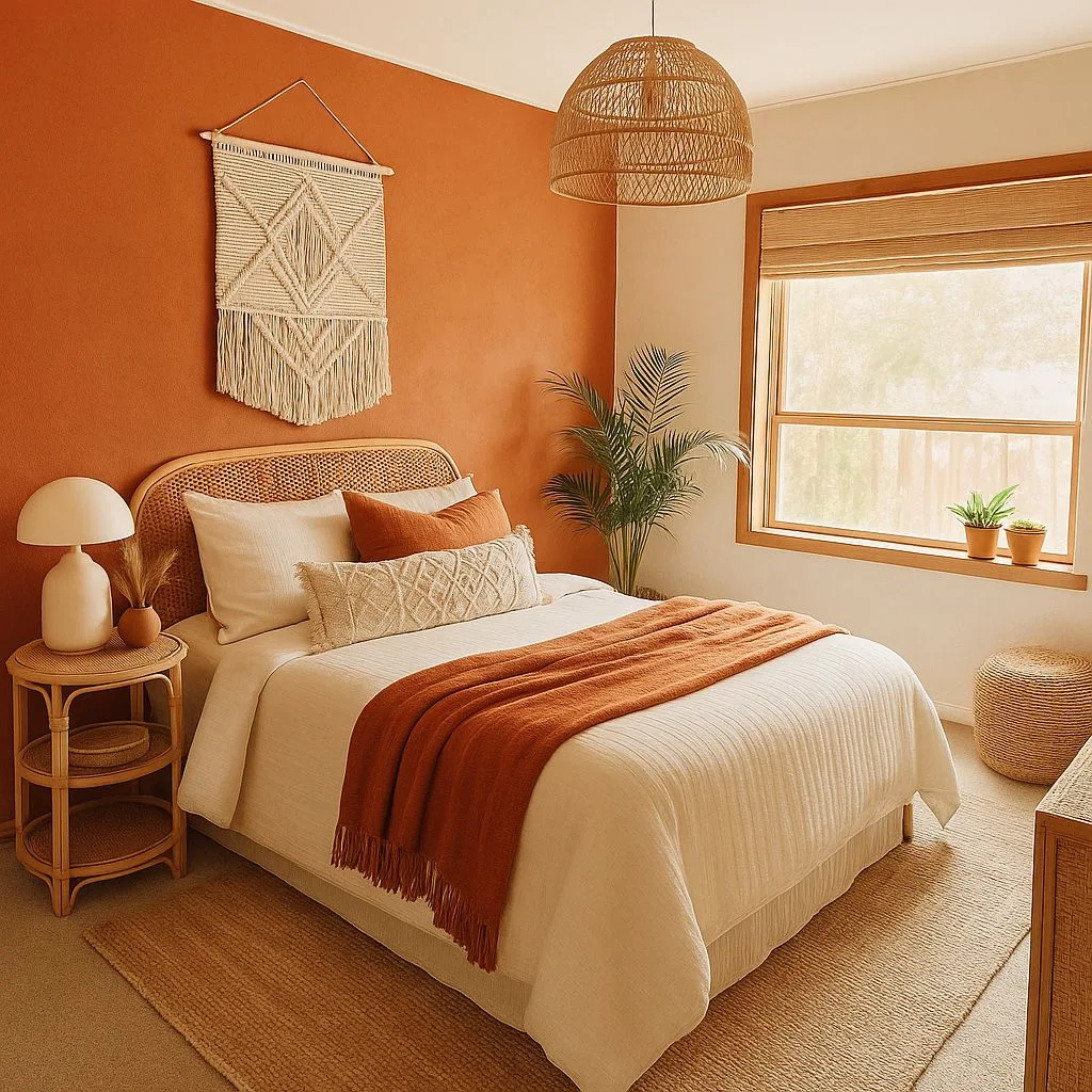 Bohemian bedroom with terracotta walls, rattan bed frame, white linen bedding, woven pendant light, jute rug, macrame wall hanging, photorealistic interior design photography, 8k