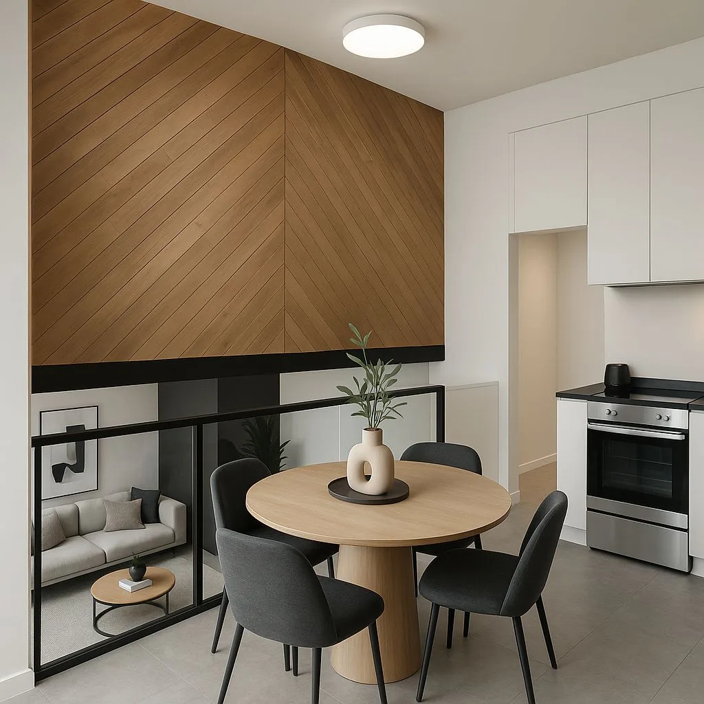 Modern open concept dining area with light wood round table, grey upholstered chairs, diagonal wood panel wall, white flush mount, photorealistic interior design photography, 8k