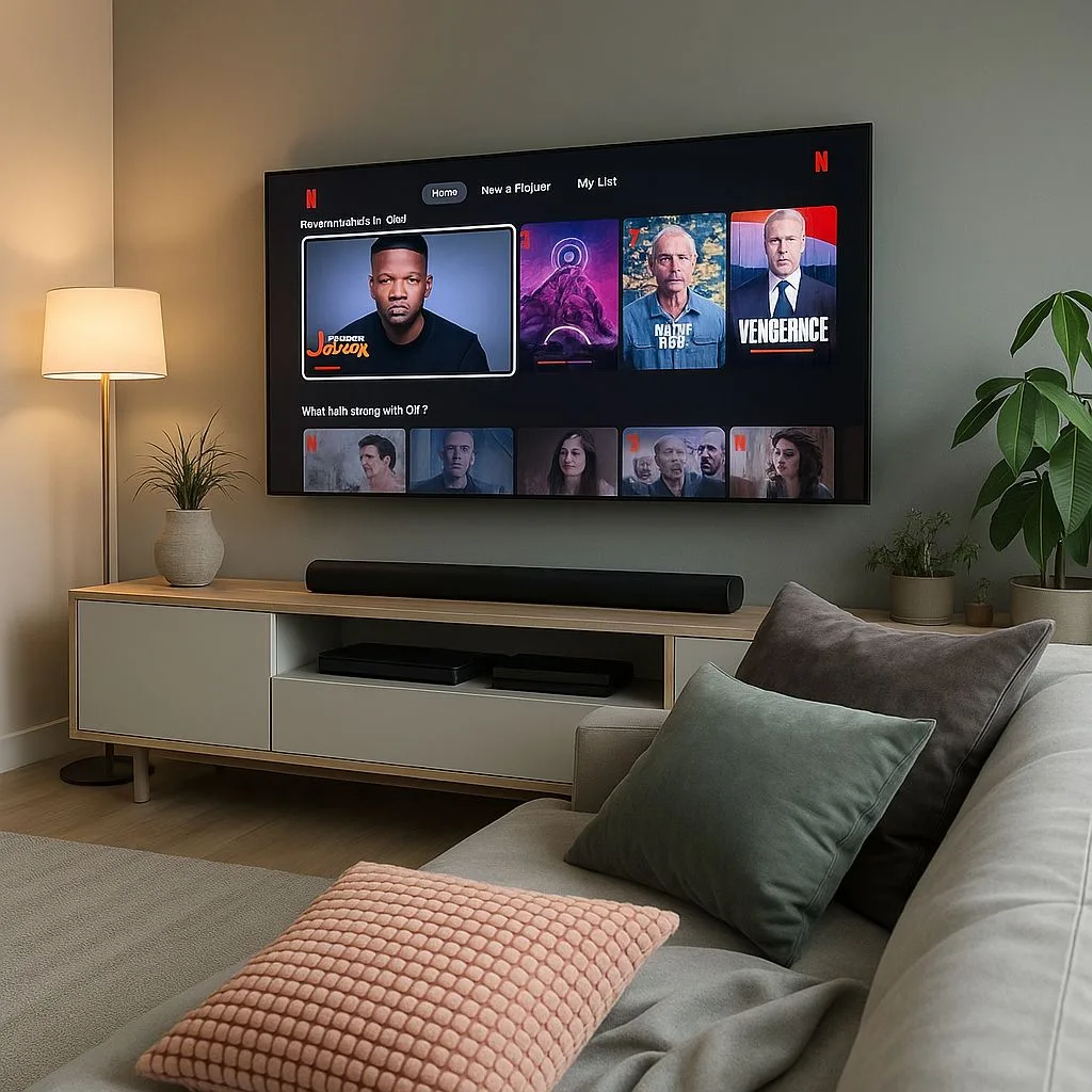 Modern living room with warm gray walls, light wood media console, large screen TV, comfortable sectional sofa, decorative pillows, photorealistic interior design photography, 8k