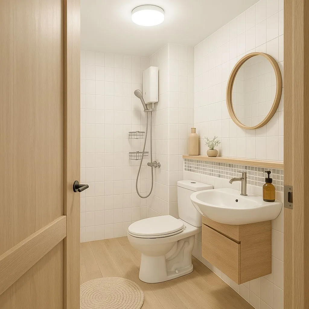 Minimalist Scandinavian bathroom with white square tile, light wood vanity, round wood mirror, light wood floors, recessed lighting, photorealistic interior design photography, 8k