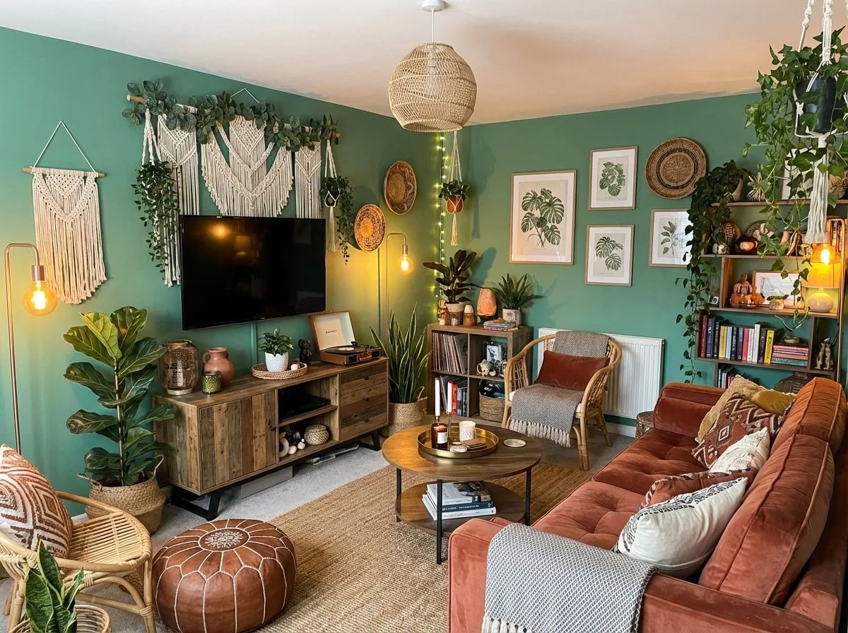 Eclectic bohemian living room with green walls, reclaimed wood media console, rust velvet sofa, rattan chairs, jute rug, photorealistic interior design photography, 8k