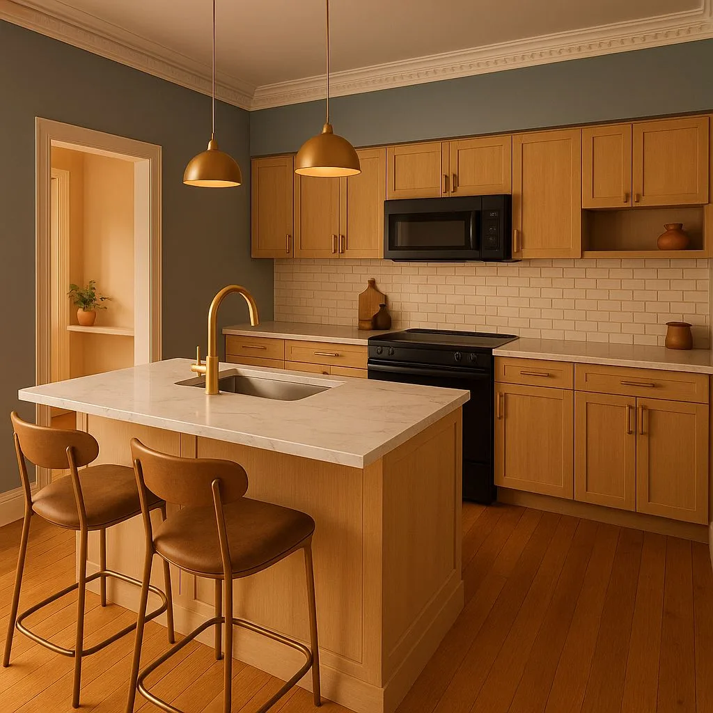 Transitional kitchen with light wood cabinets, white marble countertops, subway tile backsplash, brass pendant lights, leather counter stools, photorealistic interior design photography, 8k