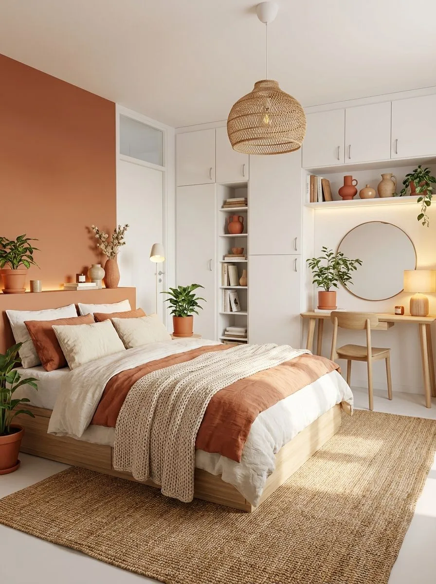 Minimalist bedroom with terracotta wall, white cabinets, light wood desk, jute rug, woven pendant light, photorealistic interior design photography, 8k
