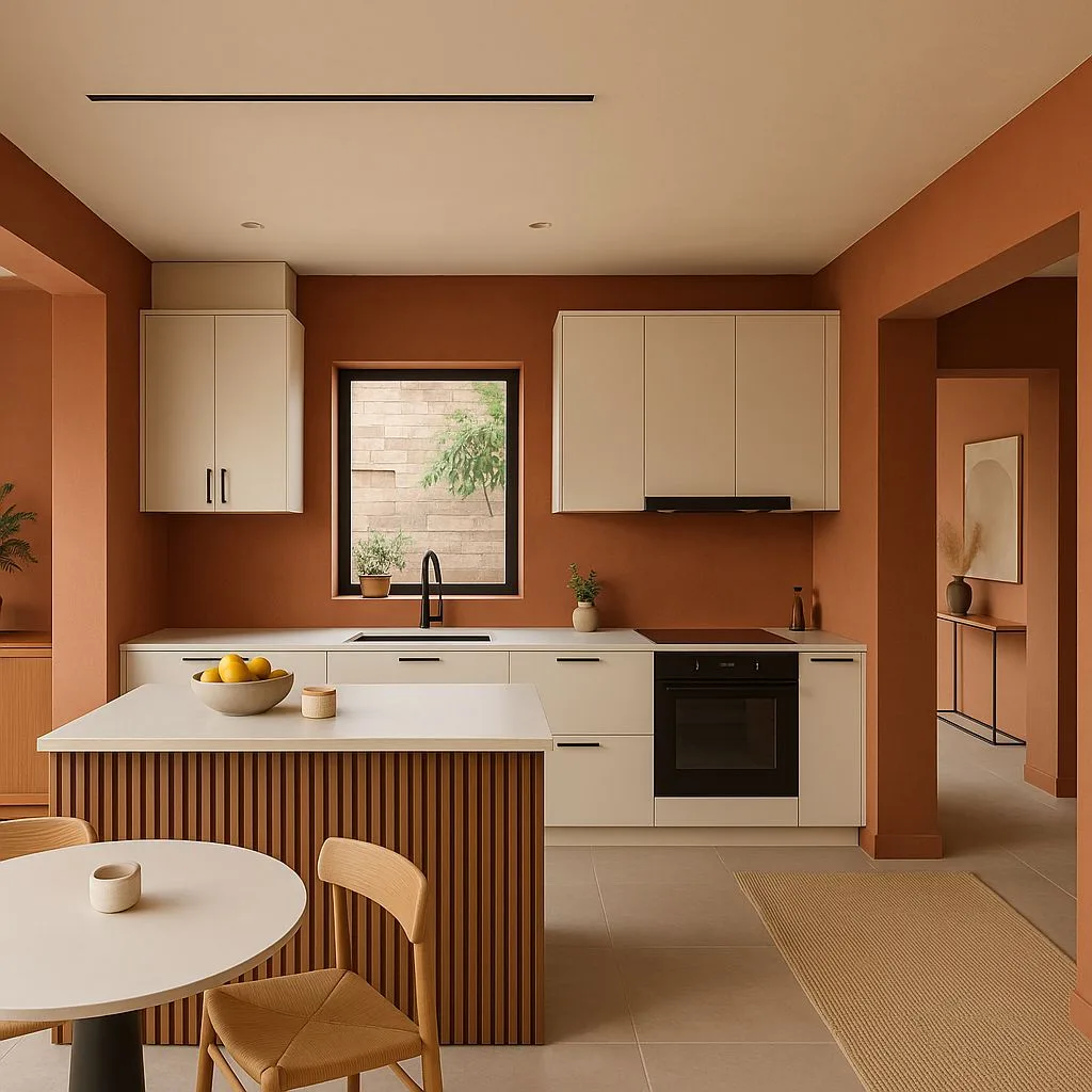 Modern terracotta kitchen with white cabinets, black hardware, wood slat island, light wood dining set, beige tile floor, photorealistic interior design photography, 8k