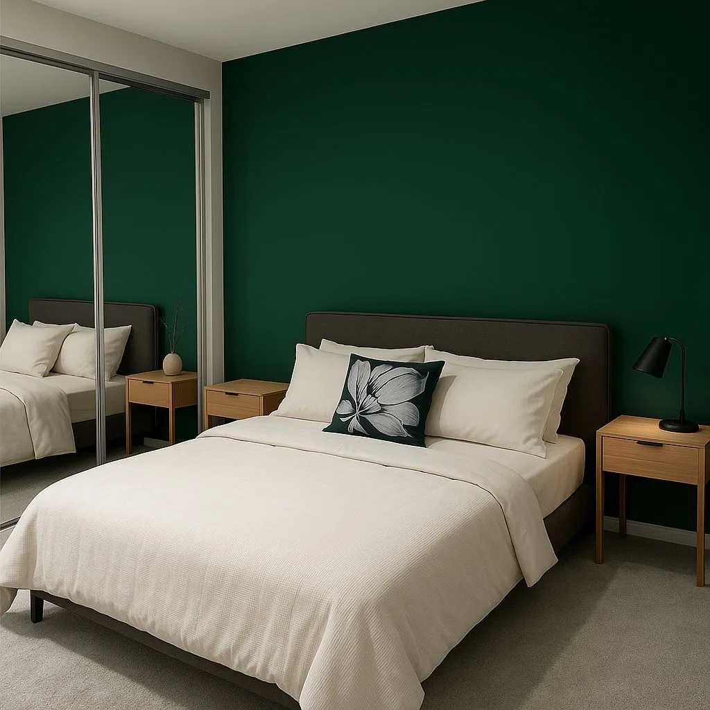 Modern bedroom with dark green accent wall, light wood nightstands, gray upholstered bed, white waffle bedding, floral pillow, photorealistic interior design photography, 8k
