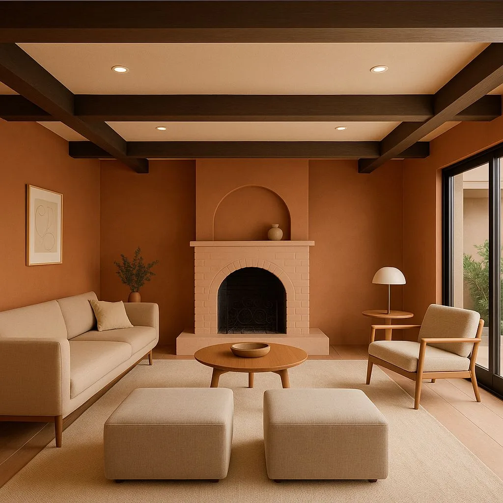 Warm terracotta living room with exposed wood beams, brick fireplace, beige linen sofa, wood frame chair, round wood table, photorealistic interior design photography, 8k