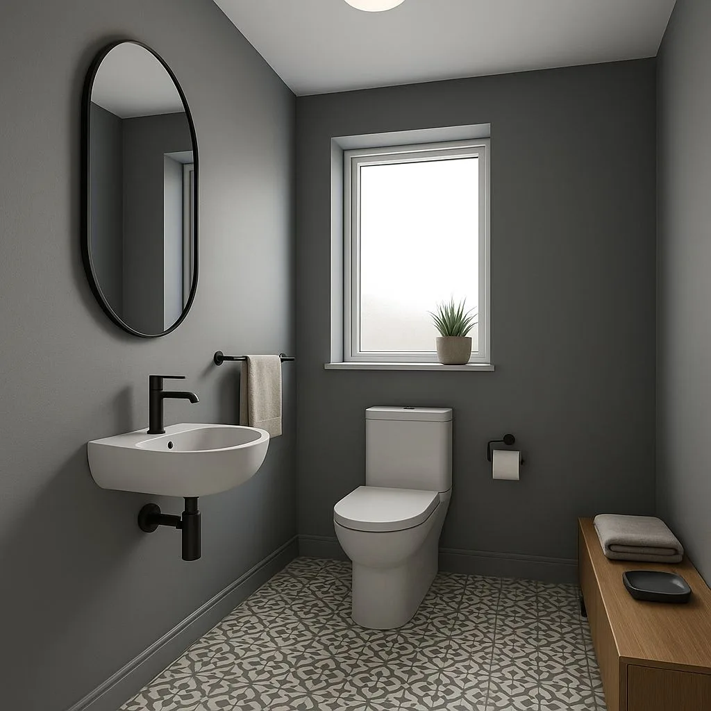Modern powder room with grey walls, patterned tile floor, wall-mounted sink, black fixtures, wood bench, recessed lighting, photorealistic interior design photography, 8k