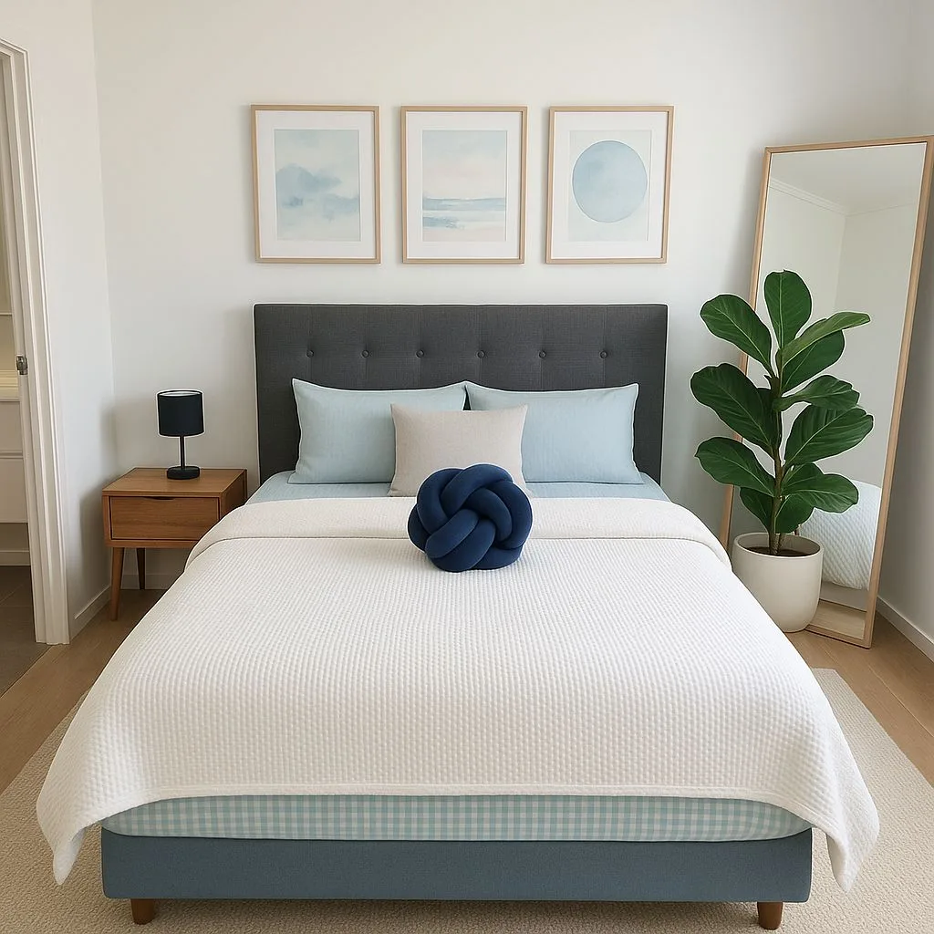 Scandinavian bedroom with gray upholstered headboard, light blue linen bedding, white waffle blanket, wood nightstand, framed watercolor prints, photorealistic interior design photography, 8k