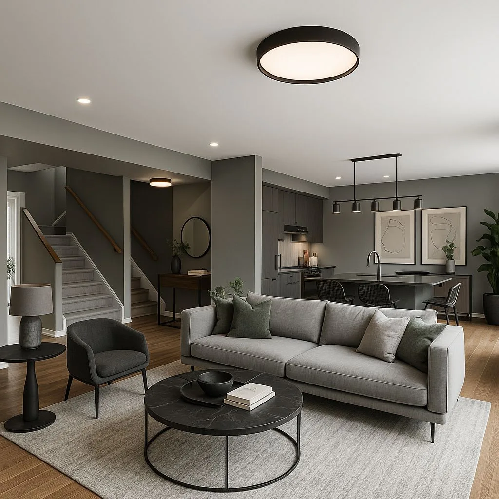 Modern open concept living room with gray walls, light wood floors, gray sofa, black marble coffee table, recessed lighting, photorealistic interior design photography, 8k
