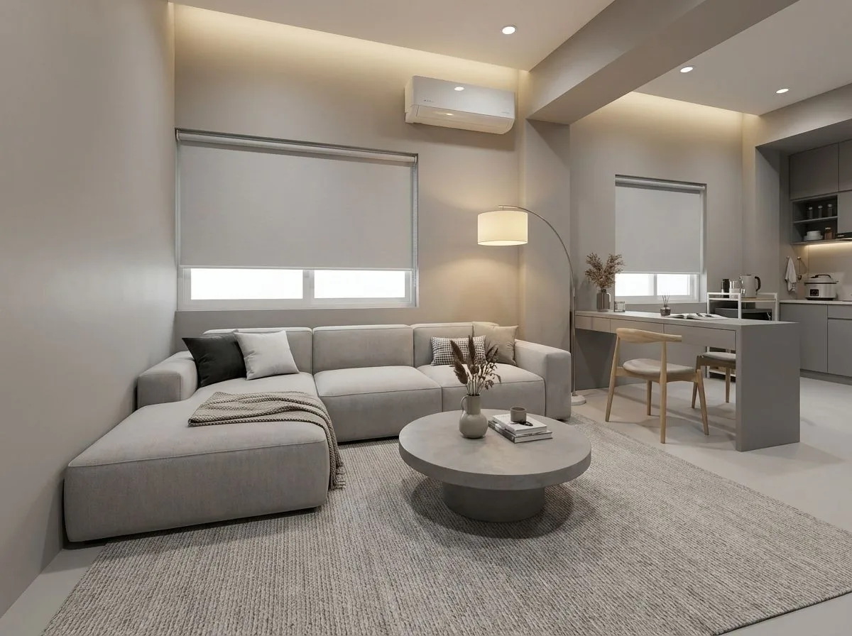 Minimalist open concept living space with light grey sectional, concrete coffee table, woven rug, integrated desk, arc floor lamp, photorealistic interior design photography, 8k