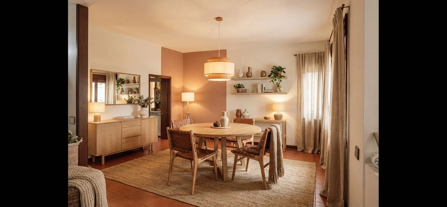 Warm bohemian dining room with round wood table, woven leather chairs, jute rug, terracotta tile floor, wood pendant, photorealistic interior design photography, 8k