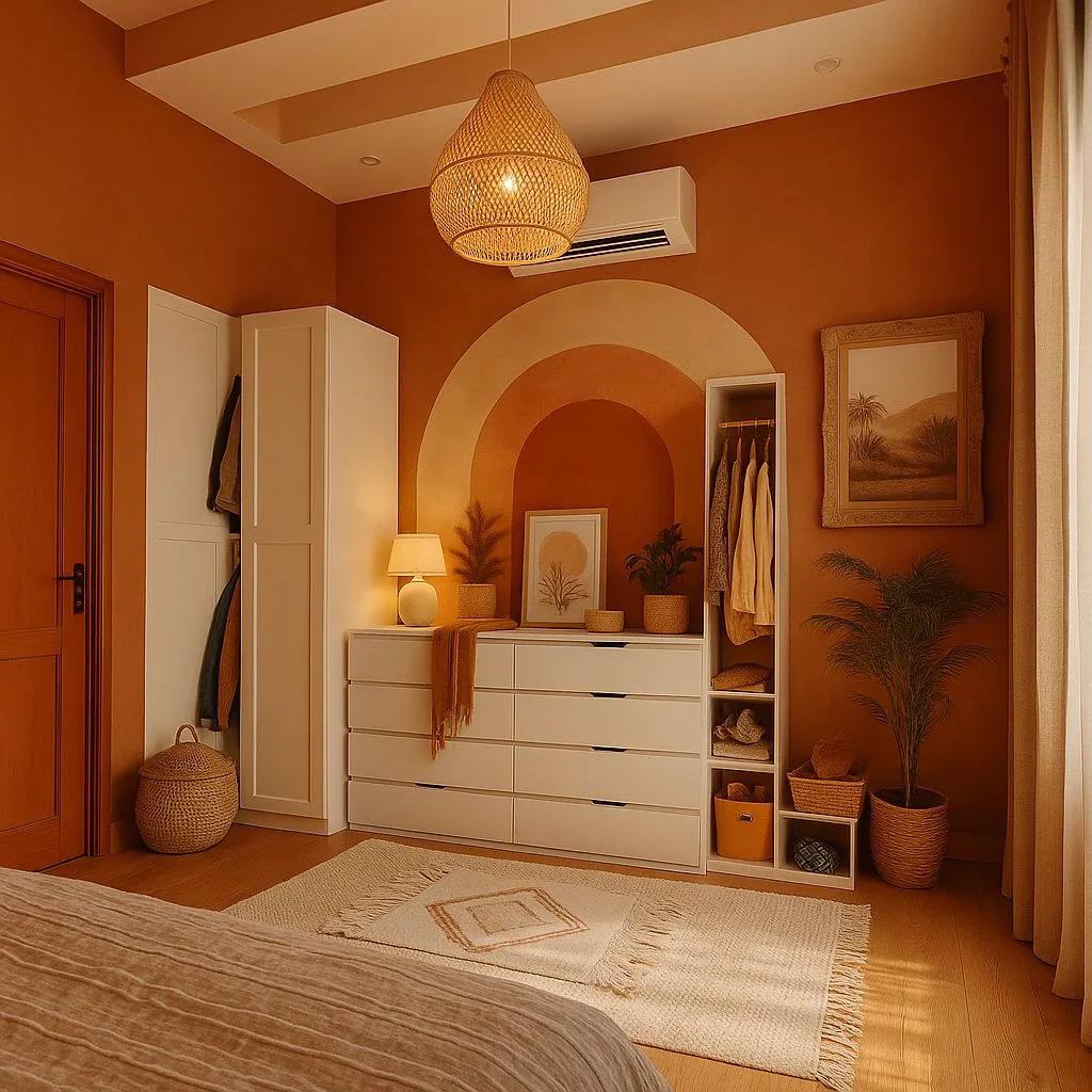 Bohemian bedroom with terracotta walls, white dressers, woven pendant, geometric rug, potted plants, photorealistic interior design photography, 8k