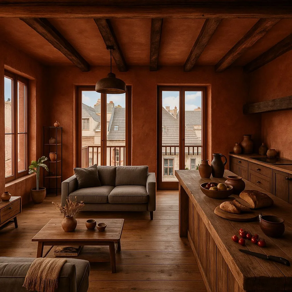 Rustic terracotta living room and kitchen with exposed wood beams, wood floors, gray sofas, wood cabinets, large wood island, pendant lighting, photorealistic interior design photography, 8k