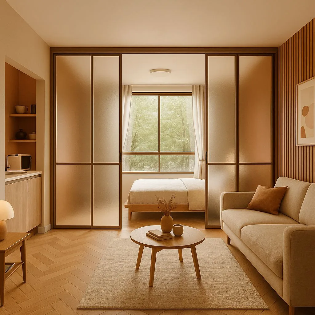 Minimalist studio apartment with light wood floors, beige linen sofa, round wood coffee table, frosted glass doors, wood slat wall, photorealistic interior design photography, 8k