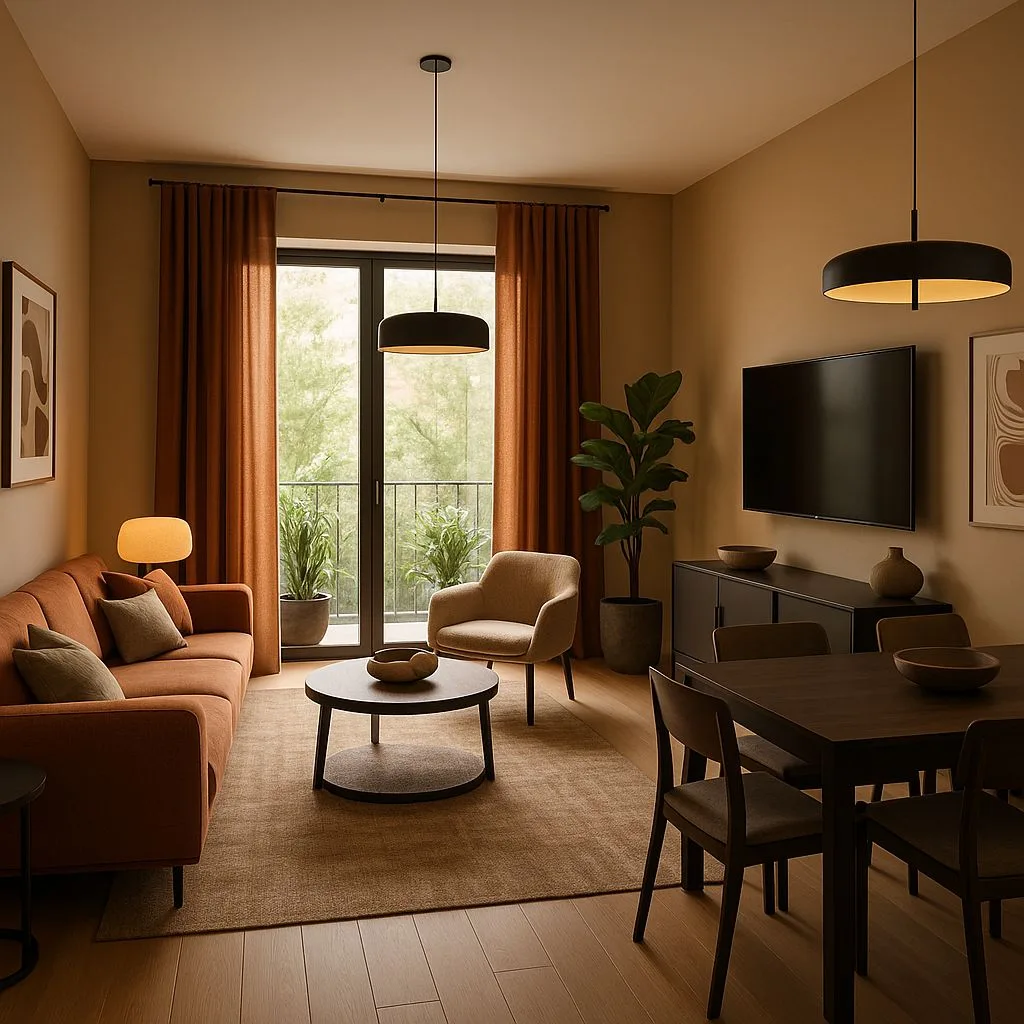 Contemporary living dining room with light wood floors, rust colored sofa, black pendant lights, neutral walls, indoor plants, photorealistic interior design photography, 8k