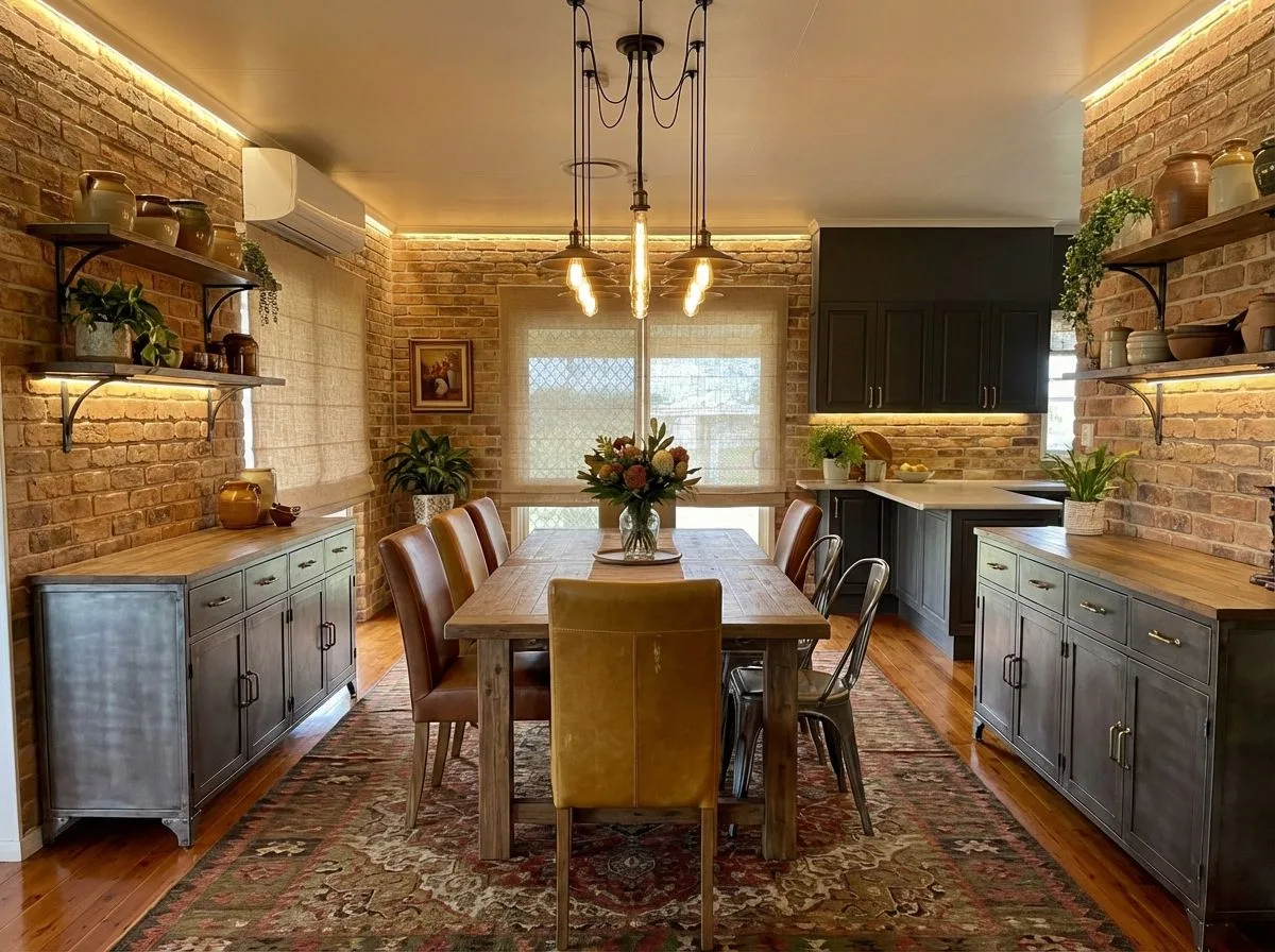 Industrial farmhouse dining room with exposed brick walls, reclaimed wood table, leather chairs, metal cabinets, vintage rug, edison bulb pendant lighting, photorealistic interior design photography, 8k